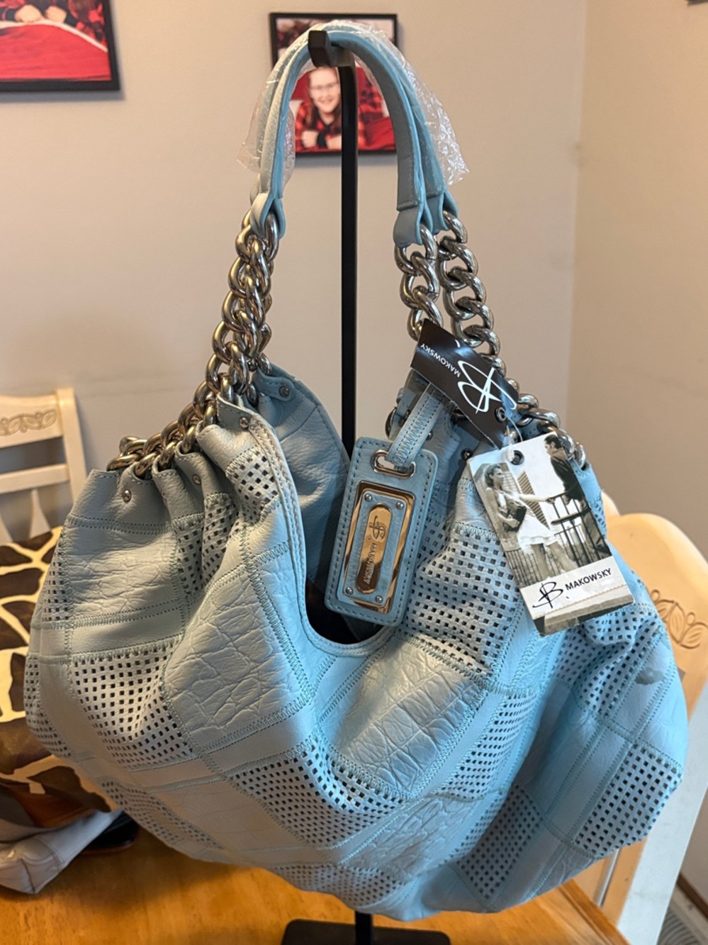 NWT B Makowski Powder Blue Perforated Leather Hobo with Chain Straps